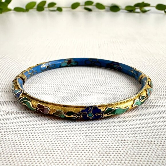 Vintage 1970s Floral Cloisonne Enamel Bangle Bracelet 7" Chinese Export - Picture 7 of 9